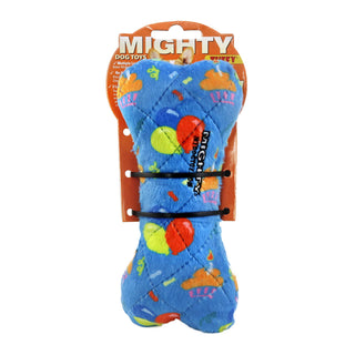 Mighty Bone medium celebration squeaky dog toy, blue plush with bright multicolor pattern, no stuffing