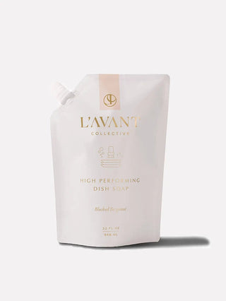 Dish soap refill pouch in Blushed Bergamot; white pouch with blush label and gold lettering, 32 oz (946 ml).