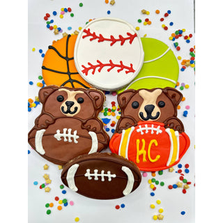 Sports Ball Buffet Cookies - set of 5 decorated cookies with basketball, baseball, football and bear designs.