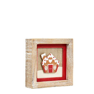 5x5 wood frame sign with distressed whitewashed finish, red inset, featuring gingerbread cookie shapes