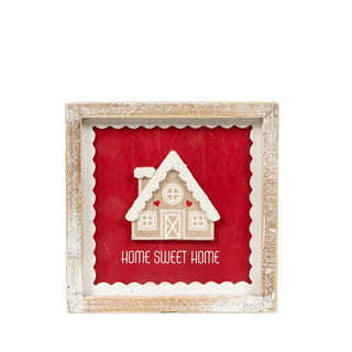 Wood frame sign, 7x7, red background with a snow-dusted beige cottage and HOME SWEET HOME text