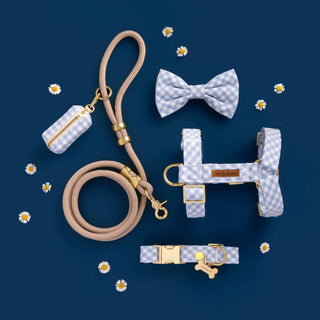 Sky blue gingham waste bag holder with matching leash, harness, and bow tie