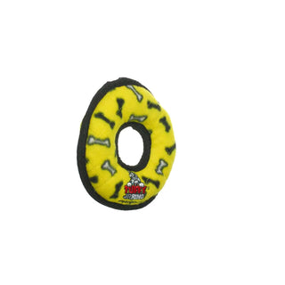 Junior ring dog toy, yellow bone print with black edge, durable and squeaky