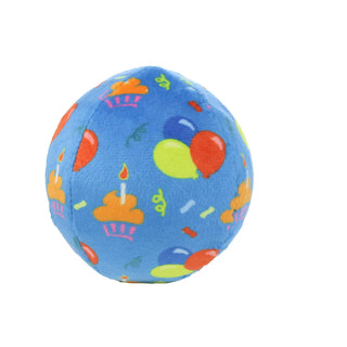 Mighty Ball-Medium blue squeaky dog toy with colorful celebration print, no stuffing