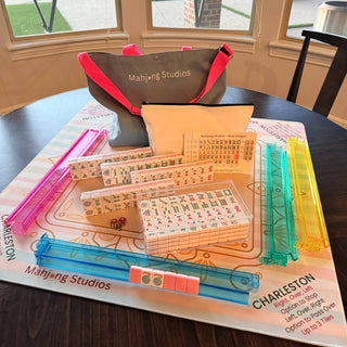 Rose Dragon American Mahjong tile set with gray tote and pink straps; includes 166 tiles in clear trays