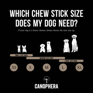 Dog chew made of sheep horn by CANOPHERA: size guide chart with XS–XL.
