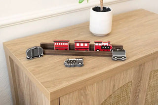 Wooden 2x2 train shape set, 6 pieces on a wooden track; red cars with gray locomotive.