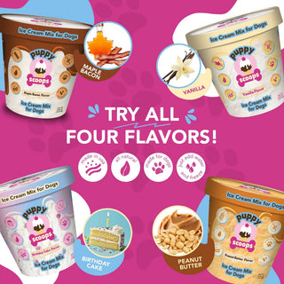 Puppy Scoops Ice Cream Mix for Dogs, four tubs with vanilla, peanut butter, maple bacon, and birthday cake flavors