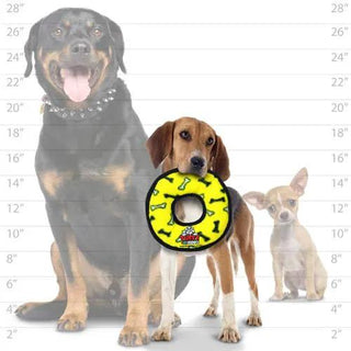 Tuffy Jr Ring dog toy in yellow bone color, durable squeaky ring chew