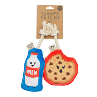 Mini dog toy set: two plush toys, blue milk bottle and red cookie, with rope handles