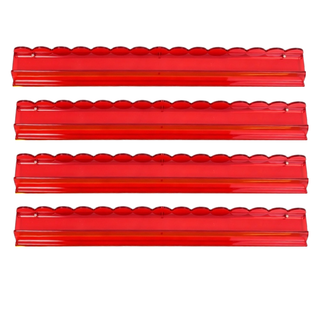 Four red acrylic 20-inch mahjong racks with scalloped edges and pushers