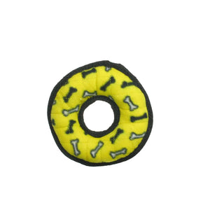 Ring-shaped dog toy, bright yellow with black bone pattern, durable and squeaky