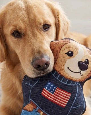Ruff Lauren Teddy Dog plush squeaker toy; brown teddy with denim outfit and American flag patch
