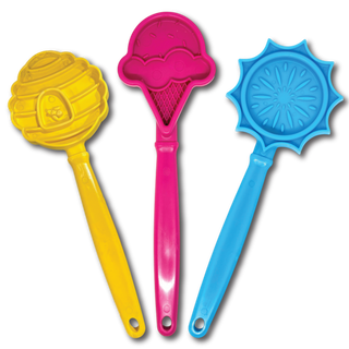 Lick Stick Hand-Held Interactive Enrichment Toys three-piece set in yellow, pink, and blue plastic
