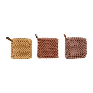 Cotton Crocheted Pot Holder w/ Leather Loop Kitchen Textiles Creative Co-Op