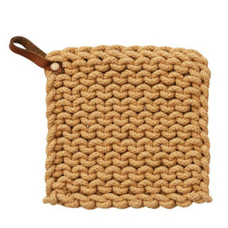 Cotton Crocheted Pot Holder w/ Leather Loop Kitchen Textiles Creative Co-Op Mustard