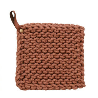 Cotton Crocheted Pot Holder w/ Leather Loop Kitchen Textiles Creative Co-Op Spice