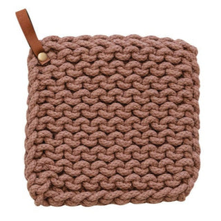 Cotton Crocheted Pot Holder w/ Leather Loop Kitchen Textiles Creative Co-Op Brown
