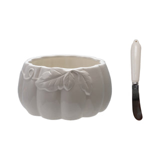 Ceramic Pumpkin Shaped Bowl with Canape Knife Bowl Creative Co-Op