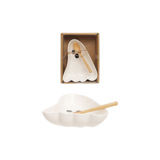 Stoneware Ghost Shaped Dish with Spoon Serveware Creative Co-Op