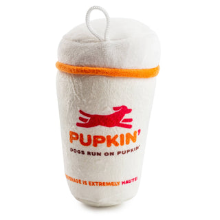 Pupkin' Donuts Hot Coffee plush dog toy, white cup with orange ring and red Pupkin logo