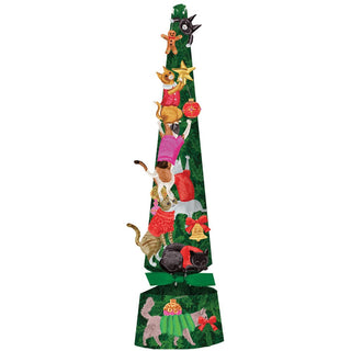 Cats Decorating Tree pet favor: single, green Christmas tree with stacked cats, ornaments and ribbons.