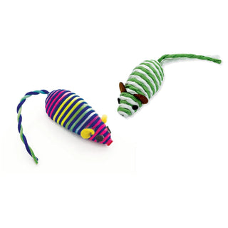 Cat toys: 2 colorful yarn-mice decorations for Caspari pet favors, rainbow-striped and green/white
