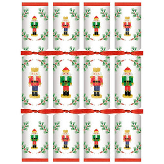 Christmas crackers set of 12 featuring Little Nutcracker designs on white wrappers with red ribbons