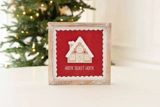 7x7 wood frame sign with red center, white scalloped border, and cottage silhouette reading Home Sweet Home