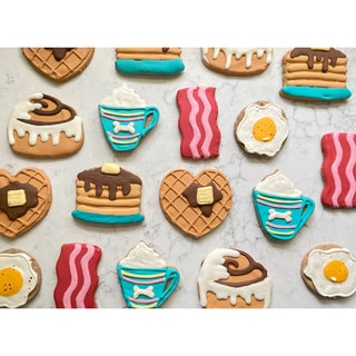 Breakfast Menu cookies; assortment of breakfast-shaped cookies with teal mugs, bacon, eggs, waffles and donuts