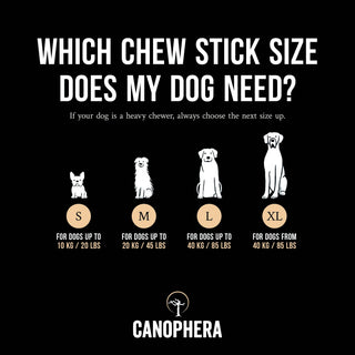 Dapper dog chew made of coffee wood and coconut rope; four size options shown (S–XL) for dogs by weight, with brand logo.