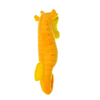 Mighty Ocean Seahorse plush squeaky dog toy, large yellow with stitched segments, soft fins and tail