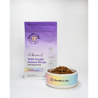 Vibrant Salmon Superfood Dog Food (Poultry-Free) 4lb bag with iridescent purple packaging and matching bowl