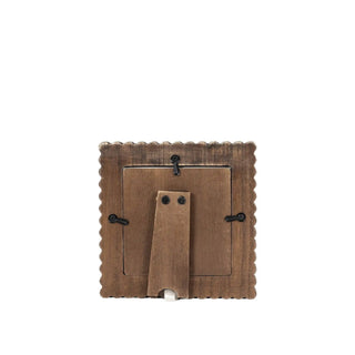 Wood scallop photo frame for 4x4 pic, espresso; back view showing metal hanging hardware.