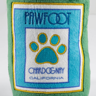 Pawfoot Wine Squeaker dog toy, green plush with blue paw-print patch and yellow border
