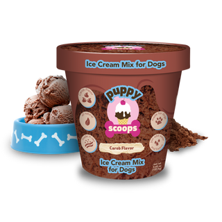 Puppy Scoops Ice Cream Mix for Dogs, carob flavor, brown tub with blue bone-pattern bowl
