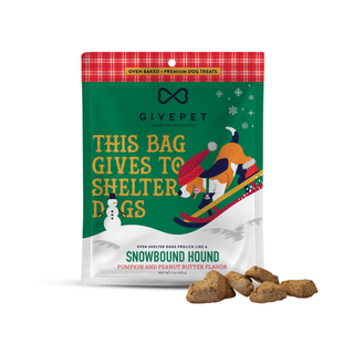 Dog treats bag with Snowbound Hound pumpkin and peanut butter flavor, holiday packaging.