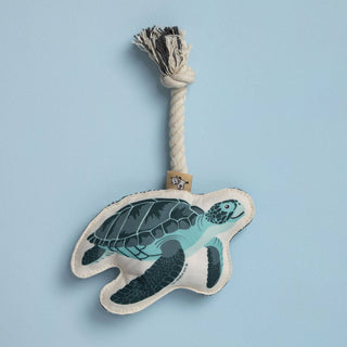 Rope Turtle Dog Toy with teal turtle print and twisted cotton rope