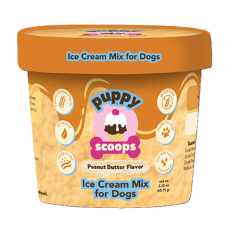 Puppy Scoops ice cream mix for dogs in an orange tub with peanut butter flavor