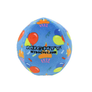 Mighty Ball-Medium Celebration squeaky dog toy, no stuffing, blue with colorful prints