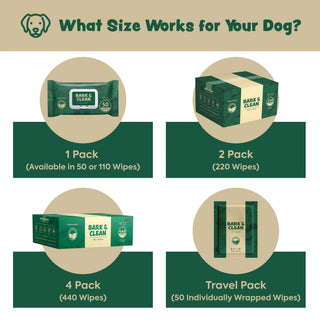 Extra thick herbal-infused dog grooming wipes, 100-count, in green packaging (1-pack, 2-pack, 4-pack and travel packs)