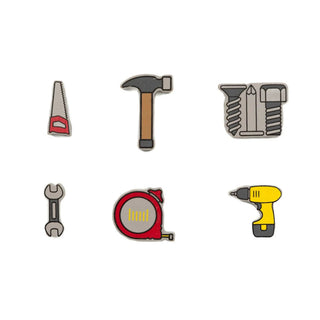 Wood tool shapes set of 6 cutouts: saw, hammer, screw, wrench, tape measure, drill