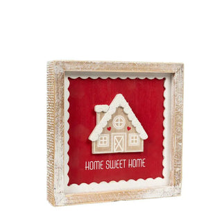 7x7 wood frame sign with red background, white snow-topped house and Home Sweet Home text