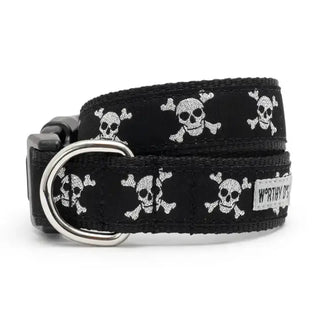 Skull & Crossbones dog collar, black fabric with white skulls, metal D-ring.