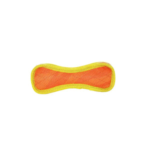 Bone-shaped orange dog toy with yellow trim for dogs