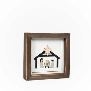 Wood frame sign 5x5 in, brown frame with ONE CHILD Nativity Storybook illustration and star accent