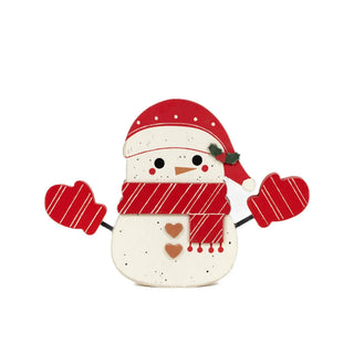 Wooden snowman ornament, 8x6 inches, red striped scarf and mittens with holly accent.