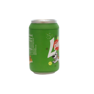 Green soda-can style dog toy featuring Lucky Pup graphic, squeaky novelty for dogs