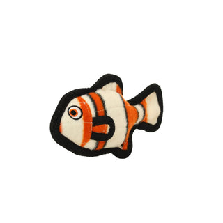 Ocean Fish dog toy in orange and white plush with black trim