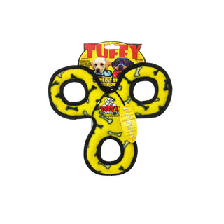 3-Way Tug dog toy, yellow with black trim; durable and squeaky.